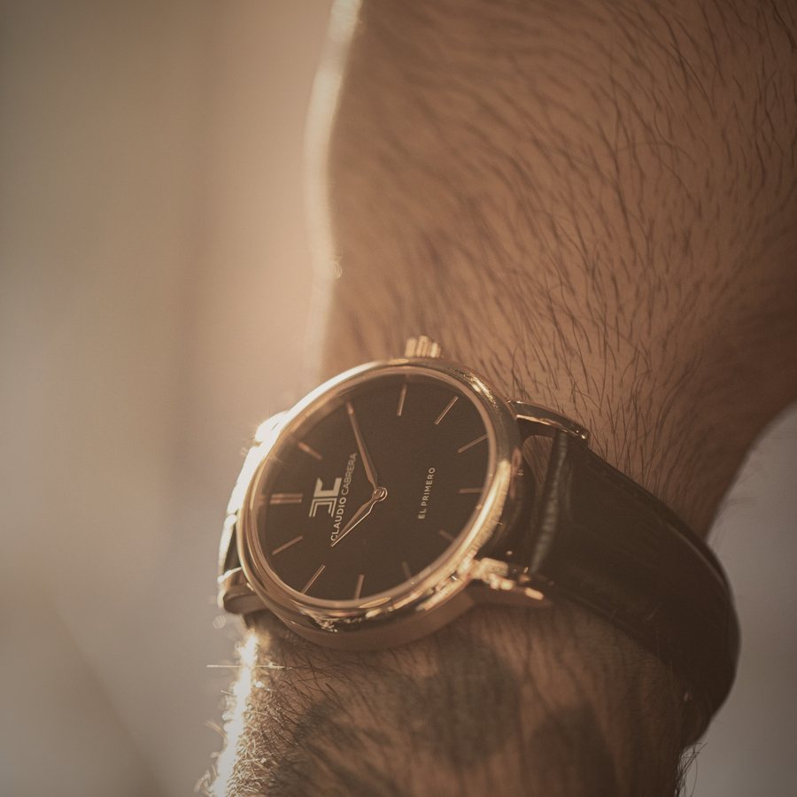Black-dial watch on a wrist in warm sunlight